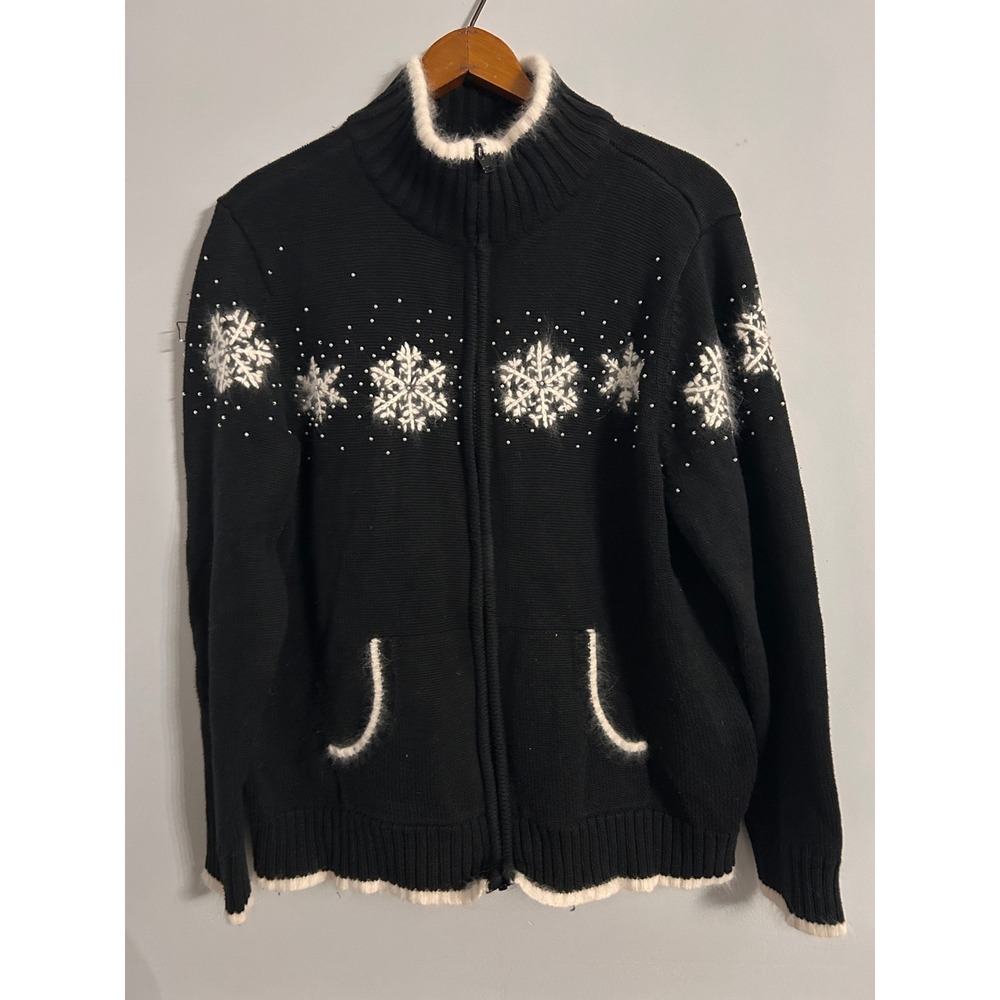 Quacker Factory Womens Large Black Snowflake Zip Up Cardigan Angora Blend Beaded